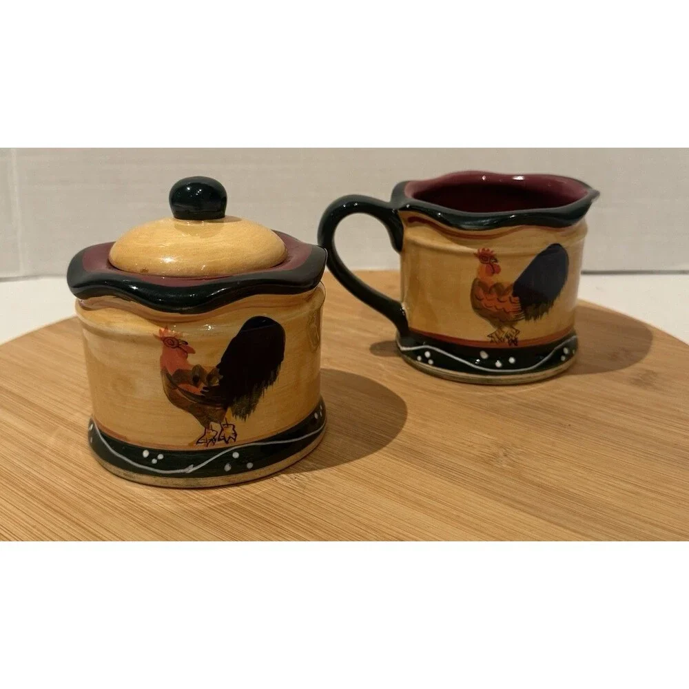 Hand Painted Chicken Rooster Set Casa Vero By ACK Farmhouse Country Sugar Cream